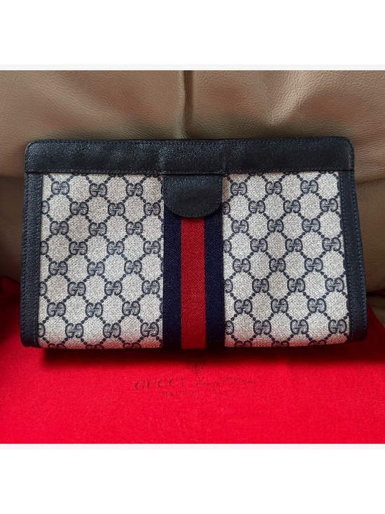 Gucci Handbags - Authentic Vintage Gucci Web Monogram Canvas Black Leather Velcro Chain Clutch